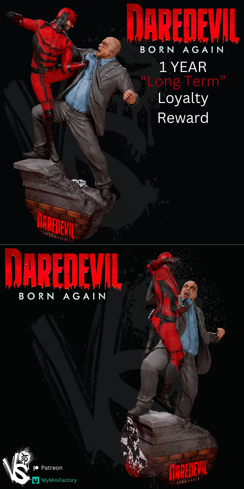 Daredevil in red suit striking Kingpin, who is in a blue shirt and tie, with blood effects. Text reads "DAREDEVI...