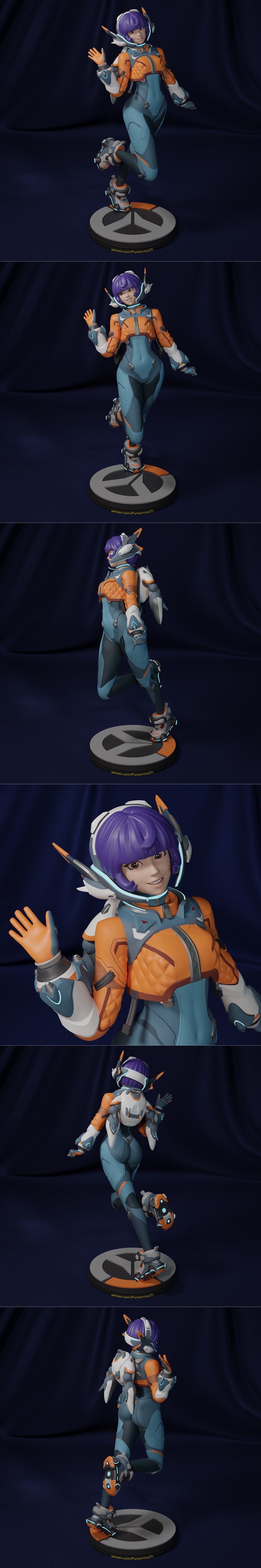 Funservice 3D model of Juno from Overwatch, wearing a futuristic orange and blue astronaut suit, with purple hair and...