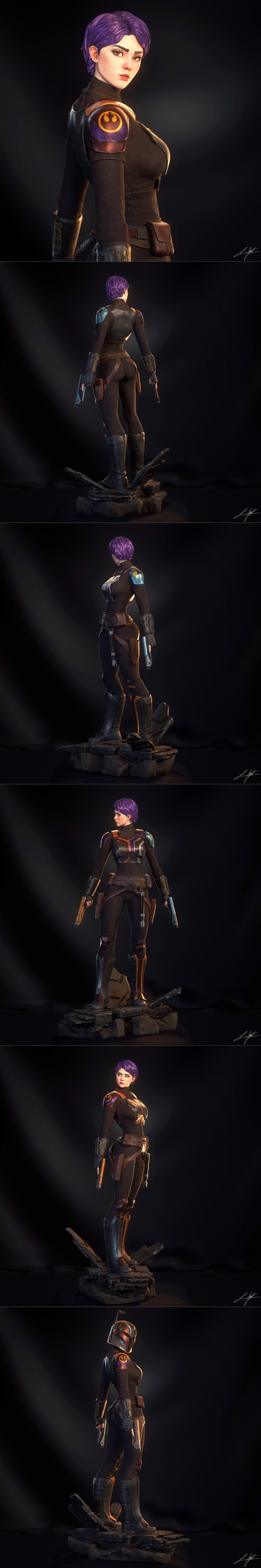 Sabine Wren 3D model in black tactical suit with purple hair, holding two blasters, standing on a rocky base. Rebel A...