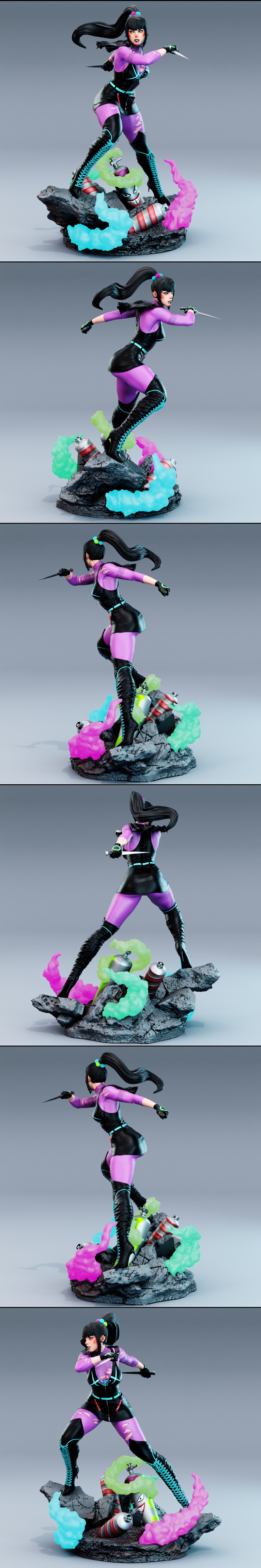 Punchline DC Comics 3D model figure by BrunoArt3D, in an action pose with knives, standing on a rocky base with color...