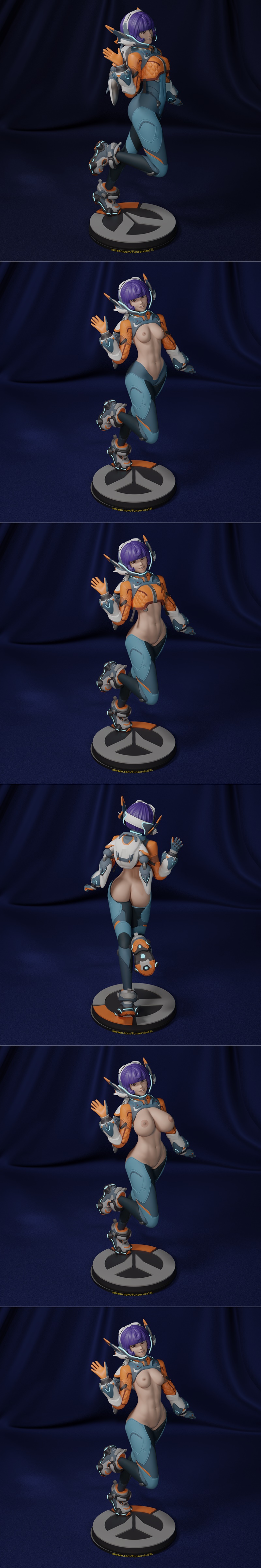 Funservice 3D model of Juno from Overwatch, wearing a futuristic orange and blue astronaut suit, with purple hair and...