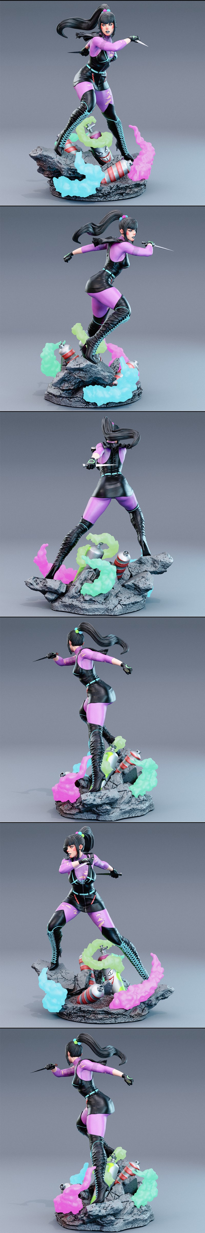 Punchline DC Comics 3D model figure by BrunoArt3D, in an action pose with knives, standing on a rocky base with color...
