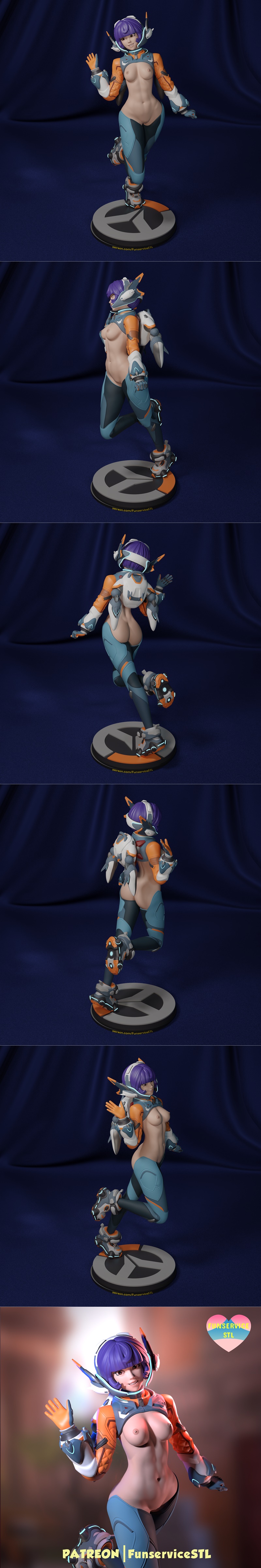 Funservice 3D model of Juno from Overwatch, wearing a futuristic orange and blue astronaut suit, with purple hair and...