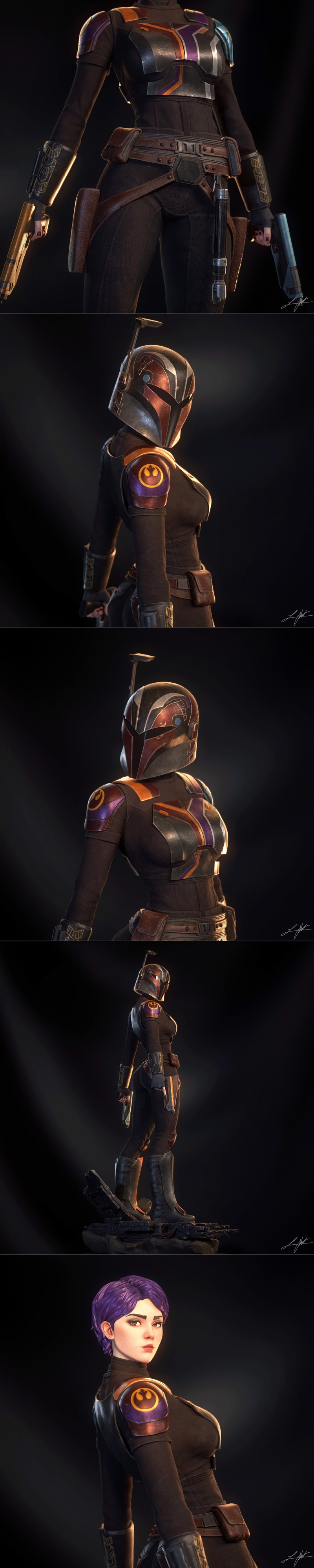 Sabine Wren 3D model in black tactical suit with purple hair, holding two blasters, standing on a rocky base. Rebel A...