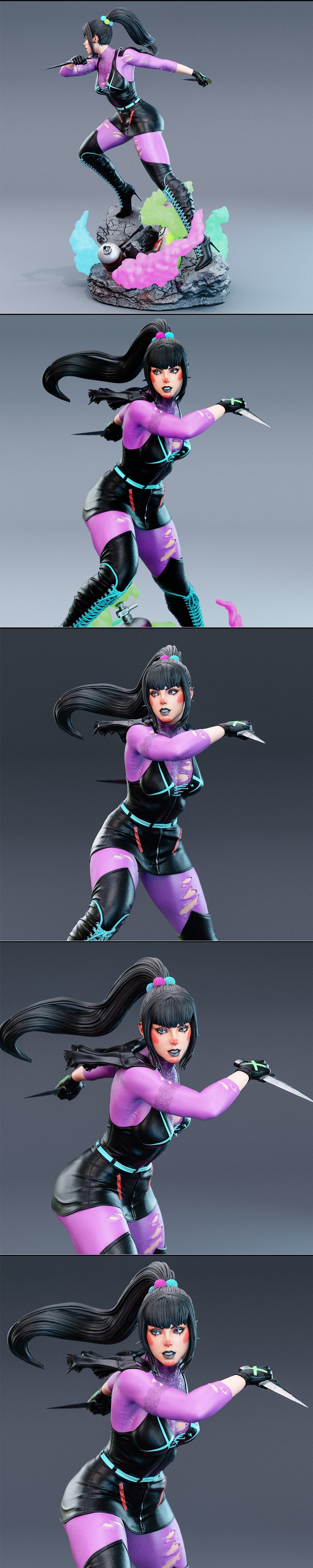 Punchline DC Comics 3D model figure by BrunoArt3D, in an action pose with knives, standing on a rocky base with color...