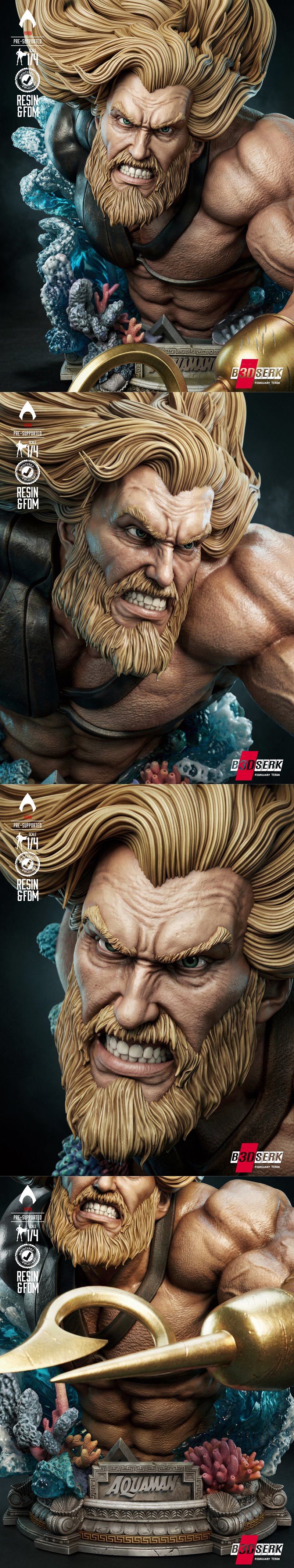 B3DSERK 1:4 scale Aquaman bust 3D model, featuring a muscular superhero with blonde hair and beard, wielding a golden...
