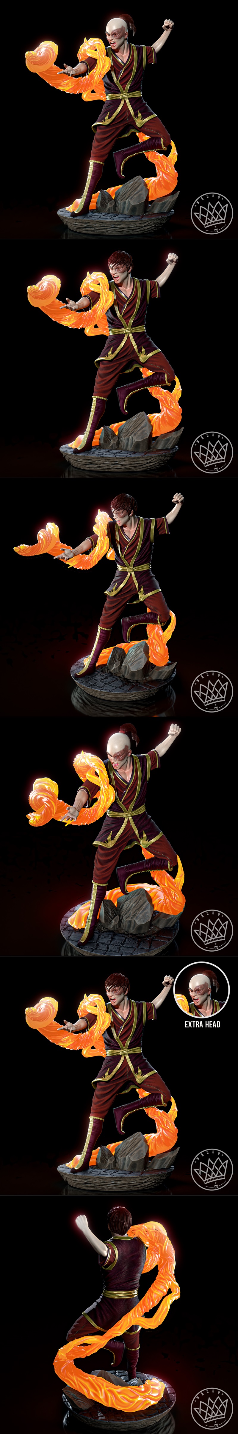 Zuko from Avatar: The Last Airbender statue, mid-firebending attack, wearing maroon and gold robes, with flames erupt...