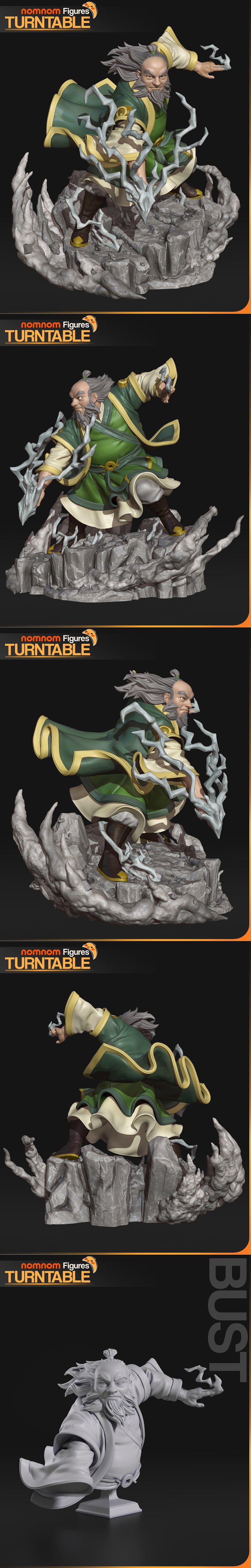 3D model of Uncle Iroh from Avatar: The Last Airbender, mid-action, generating blue lightning with his hands, wearing...