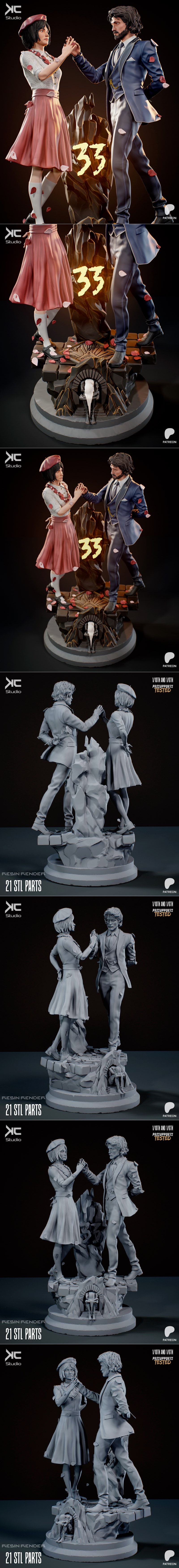 3D diorama of a couple, Gustave and Sophie, dancing, dressed in vintage attire, on a rocky base with rose petals and...