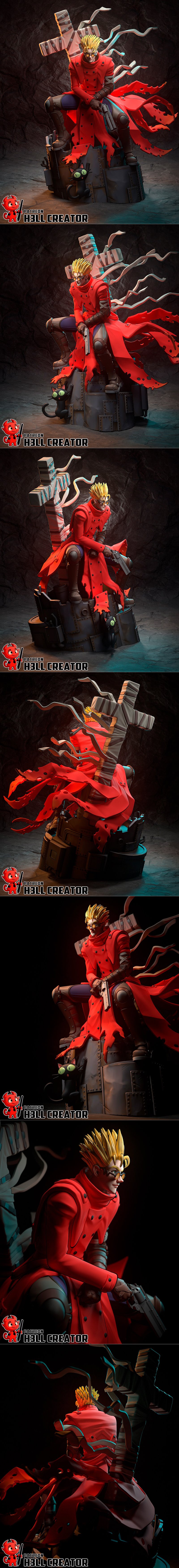 Vash the Stampede figure from Trigun, seated on a metallic base with a black cat, holding a revolver, wearing a red c...