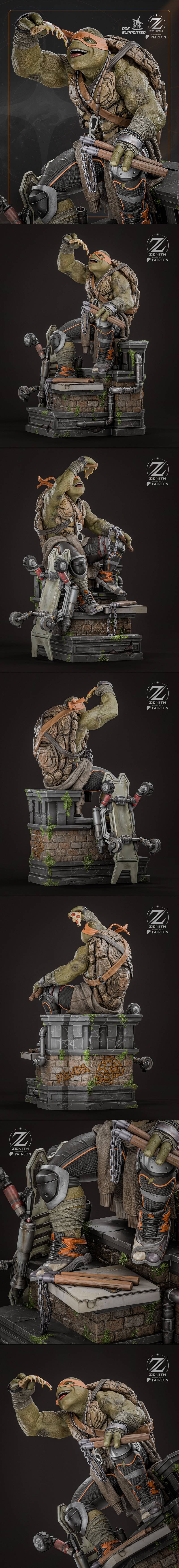 Michelangelo from Teenage Mutant Ninja Turtles, orange bandana, holding a slice of pizza, nunchucks at his side, deta...