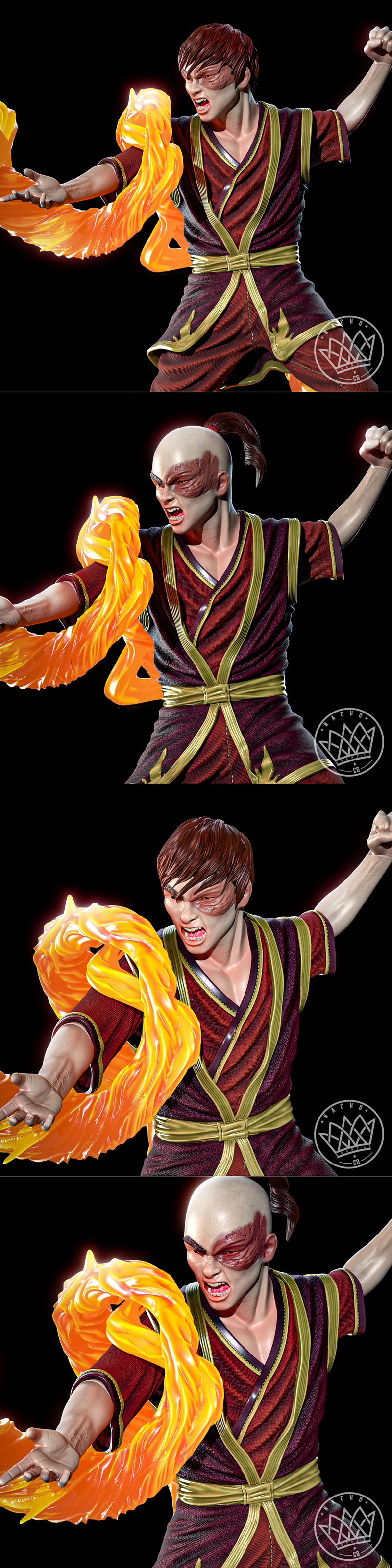 Zuko from Avatar: The Last Airbender statue, mid-firebending attack, wearing maroon and gold robes, with flames erupt...