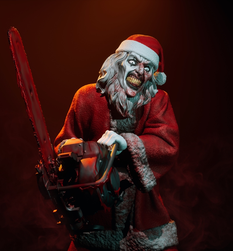 Art the Clown in a Santa suit holding a bloody chainsaw, standing on a blood-splattered base. PolyMind Studio 3D model.
