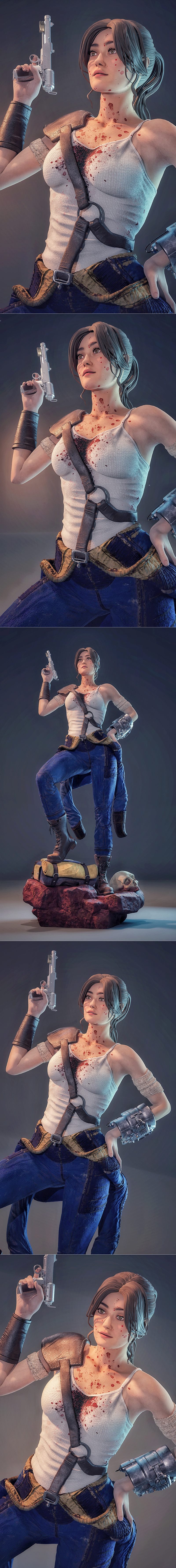 Lucy from Fallout, a female survivor figure, stands on a rocky base with a backpack and skull. She wears a white tank...
