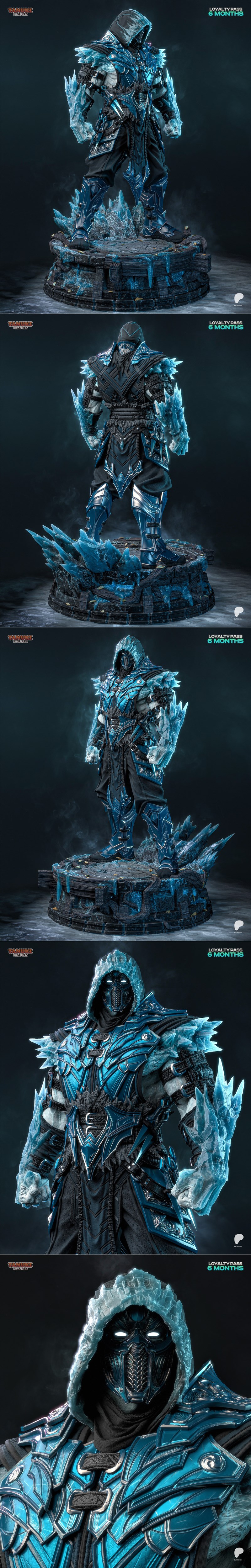 Tanuki Figures 3D model of Sub-Zero from Mortal Kombat, standing on an icy base, wearing blue armor and a hood.