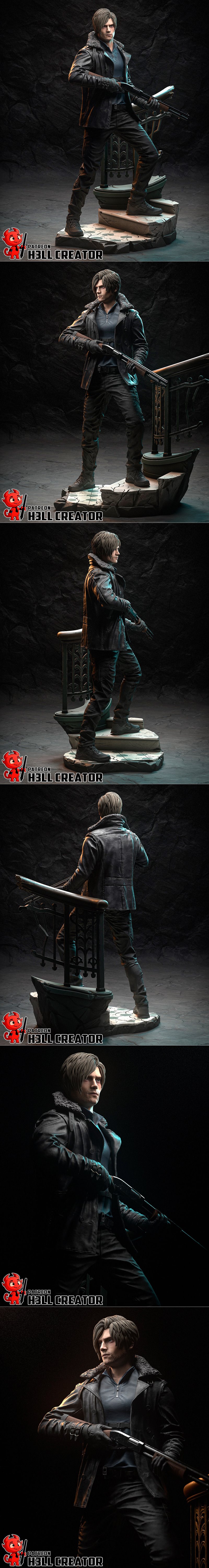 Leon Kennedy from Resident Evil holding a shotgun, wearing a leather jacket with fur collar. 3D model by h3LL creator.