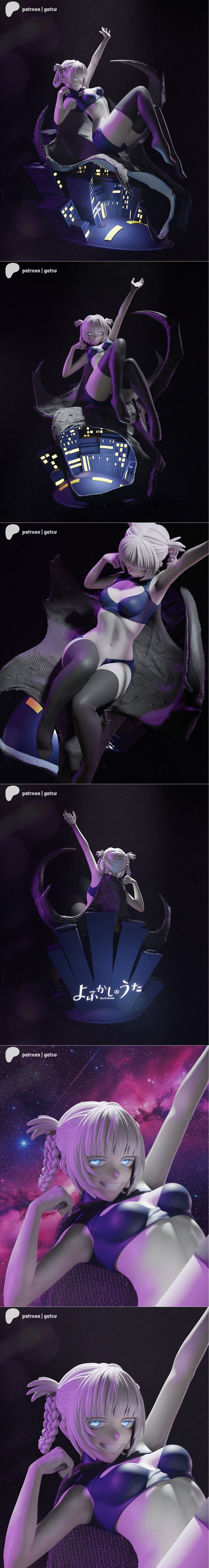 Nazuna character figure in anime style, wearing a dark bikini and thigh-high stockings, posed on a cityscape base wit...