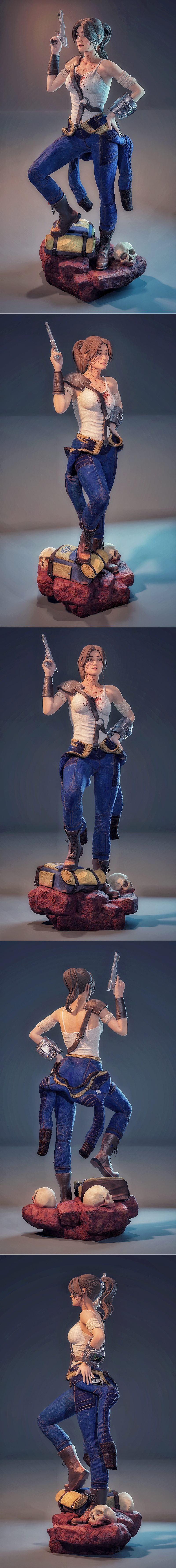 Lucy from Fallout, a female survivor figure, stands on a rocky base with a backpack and skull. She wears a white tank...
