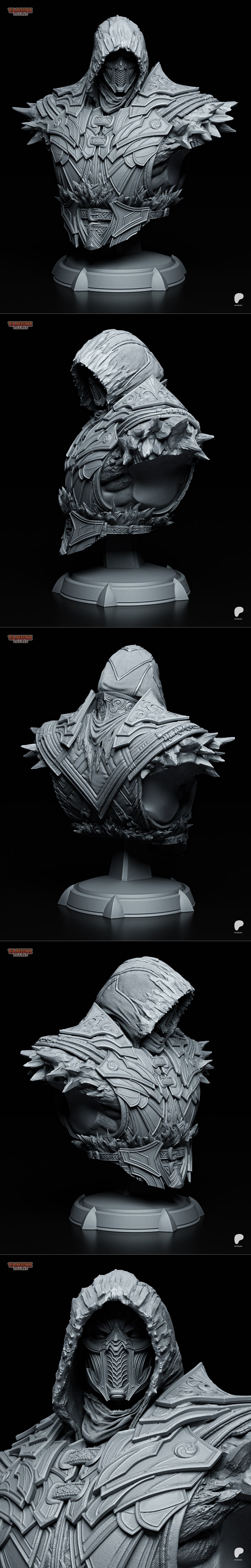 Tanuki Figures 3D model of Sub-Zero from Mortal Kombat, standing on an icy base, wearing blue armor and a hood.