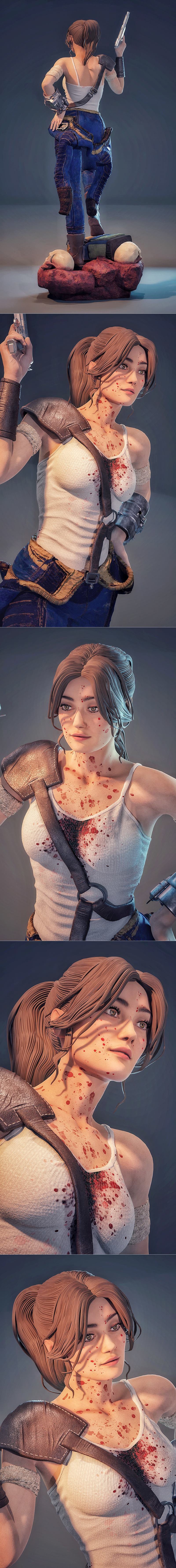 Lucy from Fallout, a female survivor figure, stands on a rocky base with a backpack and skull. She wears a white tank...