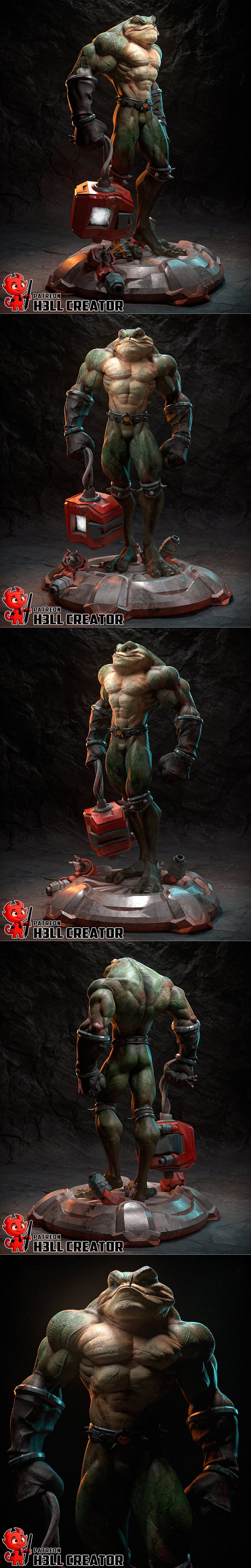 Muscular green frog character Zitz from Battletoads, wearing gloves and a spiked belt, rendered in a realistic 3D mod...