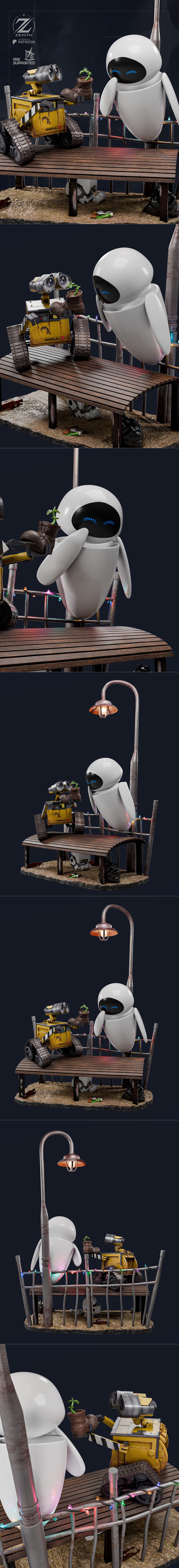 Wall-E robot holding a boot with a plant sprout, next to Eve robot, on a diorama base with a large moon and cityscape...