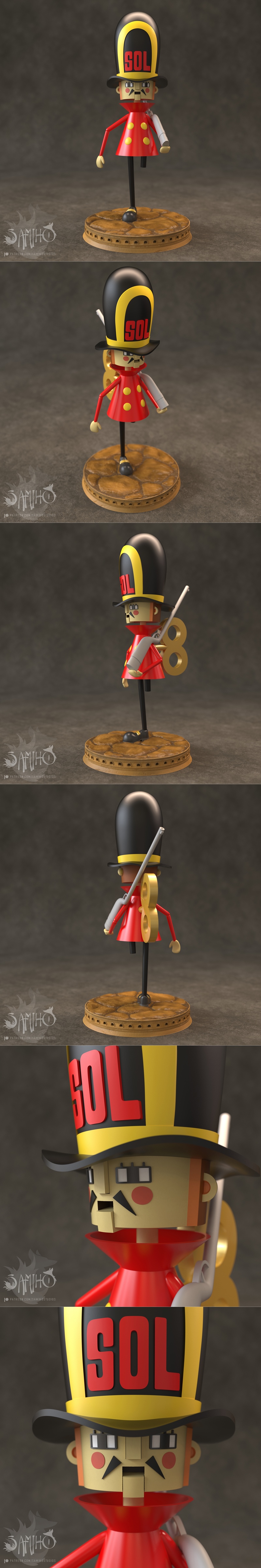 Stylized toy soldier figure with a tall hat, red coat with yellow buttons, and a unique base. Model by Samiho Studios.