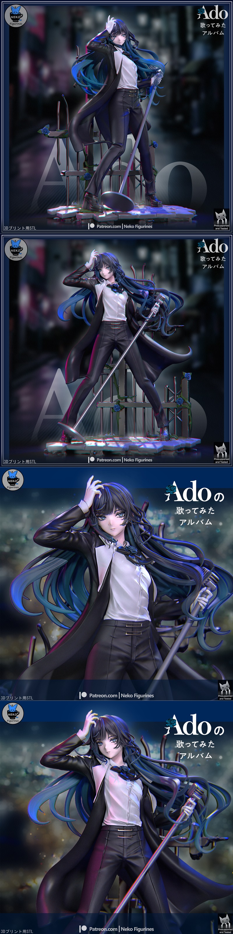 3D model of Chando Ado, an anime-style singer with long blue hair, wearing a suit and holding a microphone on a rose-...