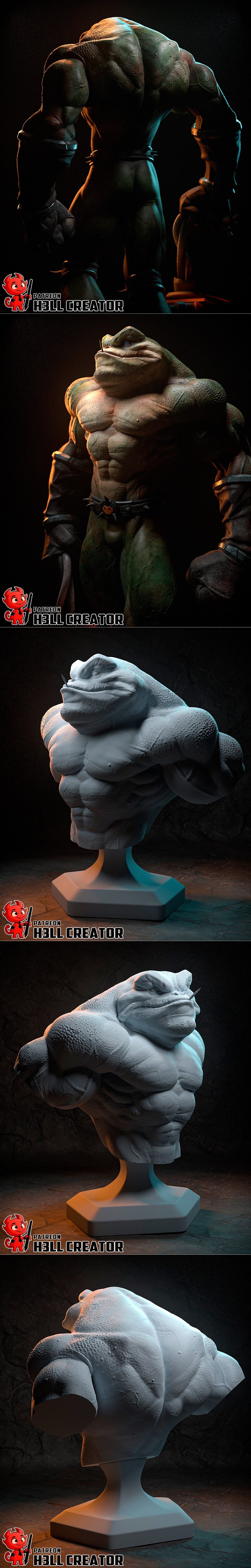 Muscular green frog character Zitz from Battletoads, wearing gloves and a spiked belt, rendered in a realistic 3D mod...