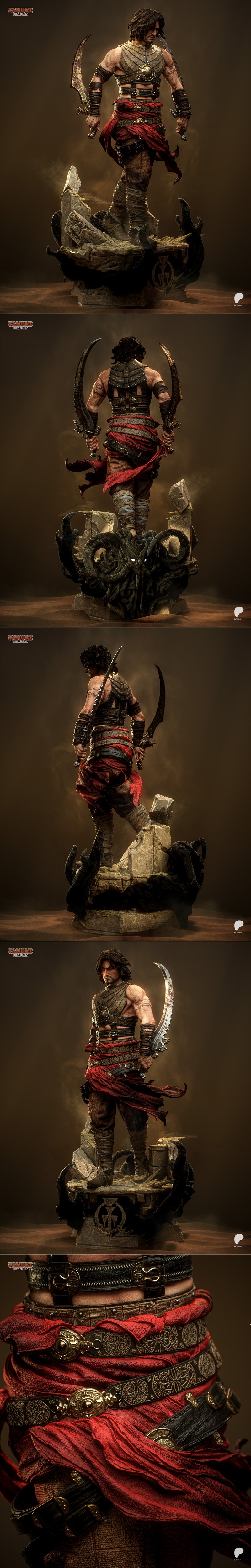 Tanuki Figures 3D model of Prince of Persia, a male warrior with dark hair, holding two curved swords, wearing ornate...