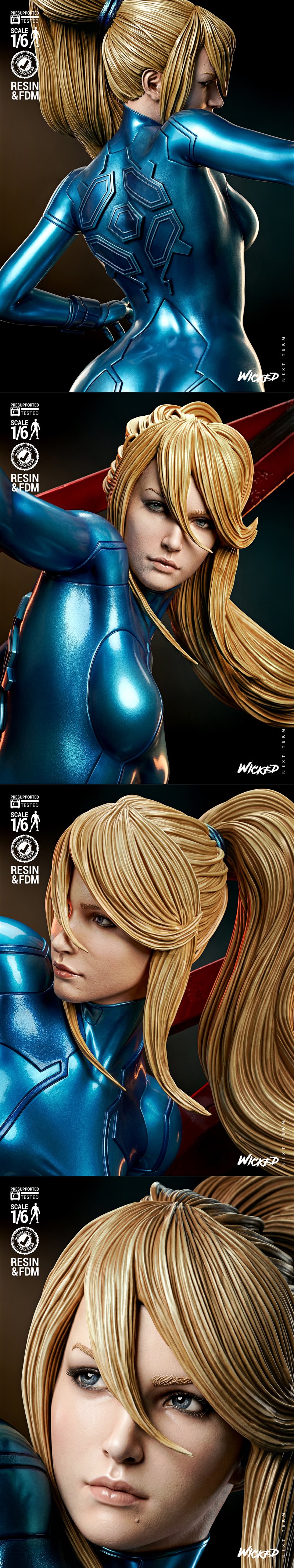 Samus Aran in blue power suit, holding a blaster, in a dynamic pose on a detailed Metroid-themed base with specimen j...