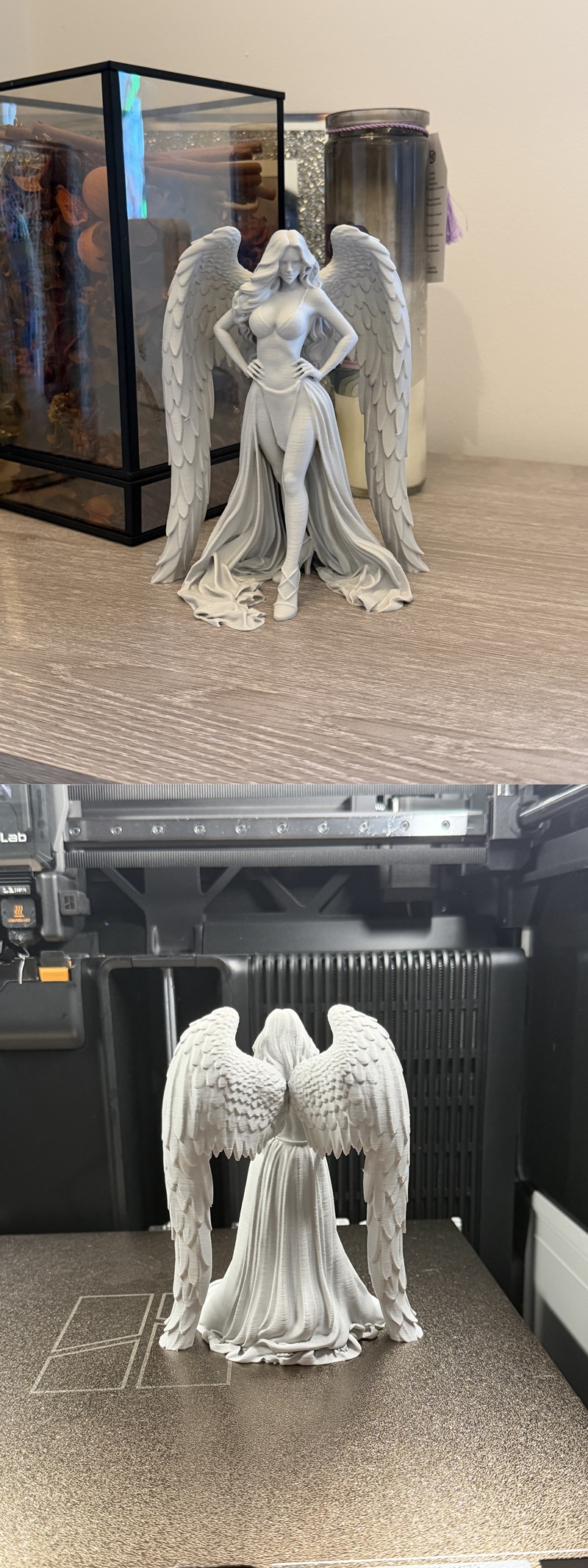 3D printed figure of Celestial Seraphina, a winged female angel with flowing hair, wearing a revealing high-slit gown...