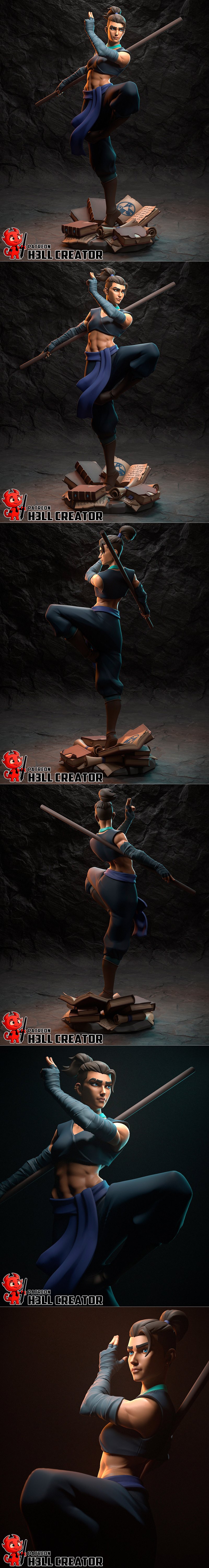 Athletic female warrior Beauregard in a combat stance, holding a staff, wearing a cropped top and dark pants, with a...
