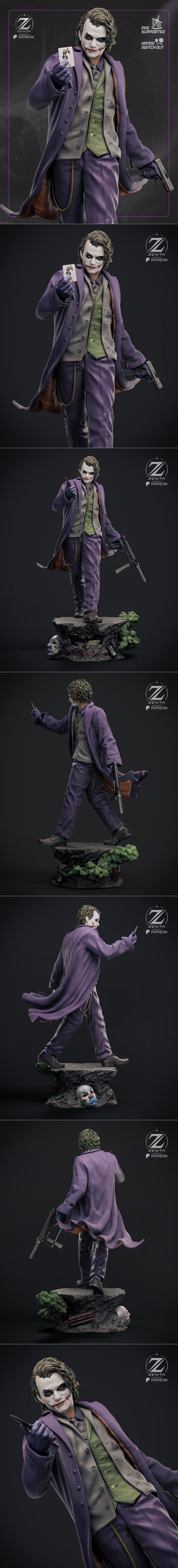The Joker figure from The Dark Knight, wearing a purple coat, grey vest, and pinstripe pants, holding a playing card....