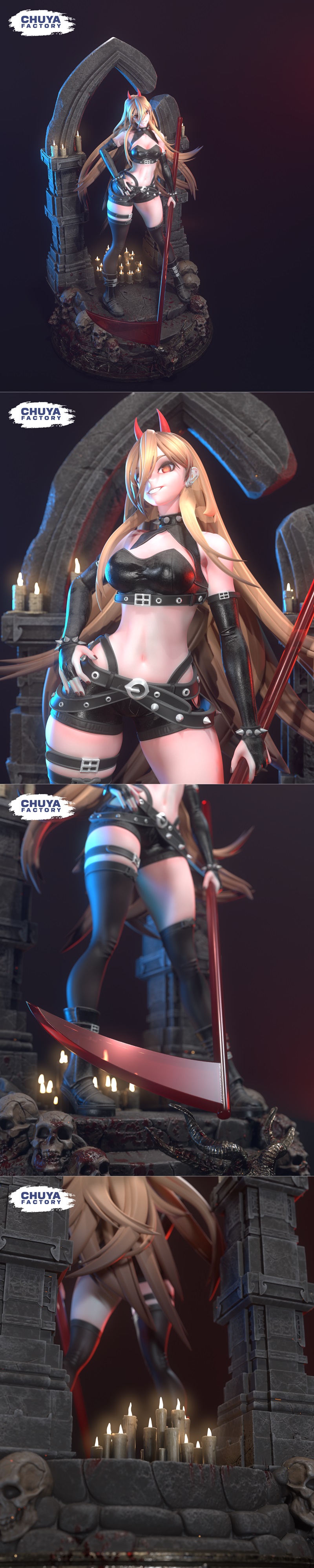 Chuya Factory 3D model of Power from Chainsaw Man, wearing a gothic outfit with red horns, holding a red weapon, pose...