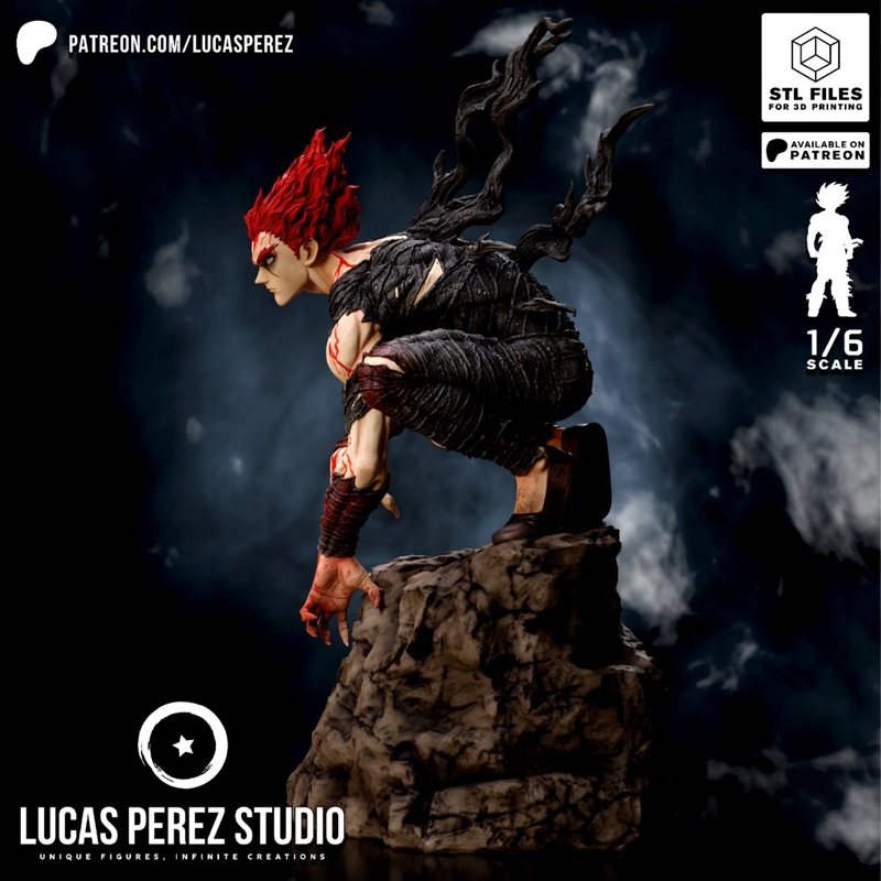 1:6 scale 3D printable figure of Garou from One-Punch Man, crouching on a rock, with red hair and bloodstains.