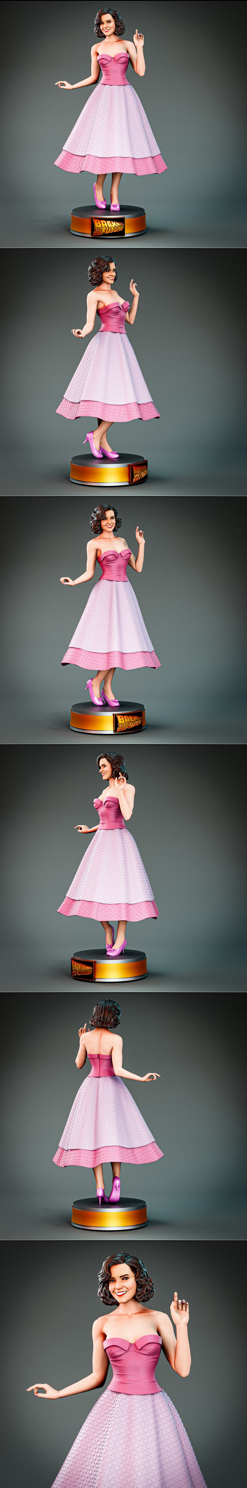 3D model of Lorraine Baines McFly from Back to the Future, wearing a pink strapless gown and ballet flats, standing o...