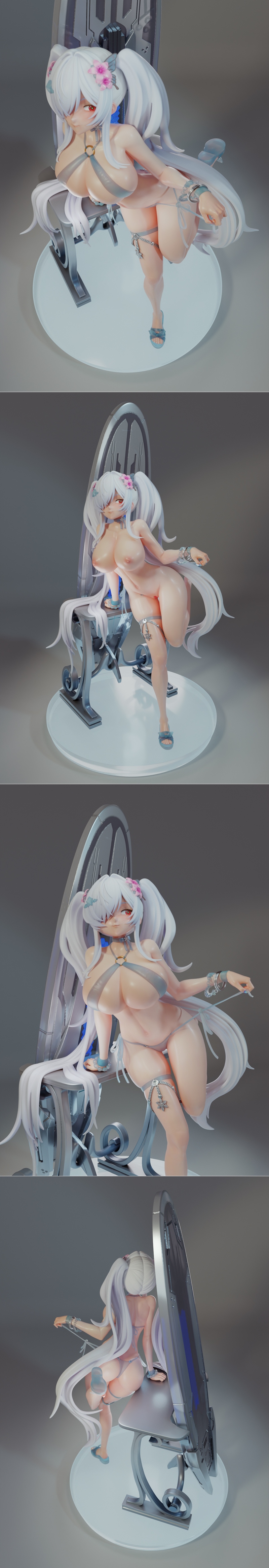 Cinberella from NIKKE character 3D model, seated on a metallic chair, wearing a revealing bikini and accessories, wit...