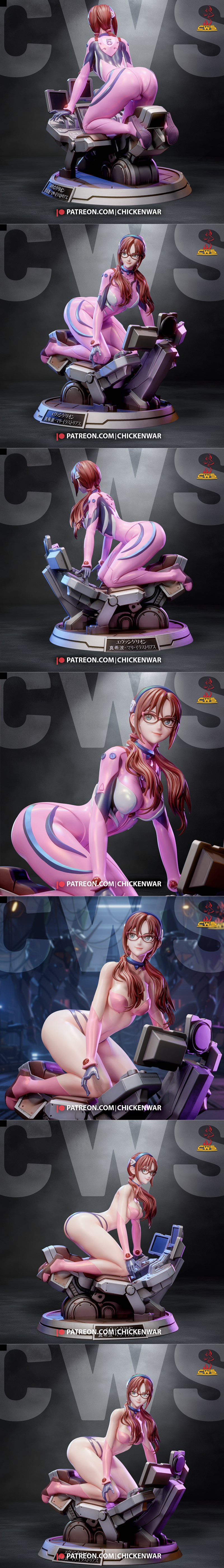 Mari Makinami from Evangelion in a pink plugsuit, wearing glasses, kneeling on a futuristic control console. CW Studi...