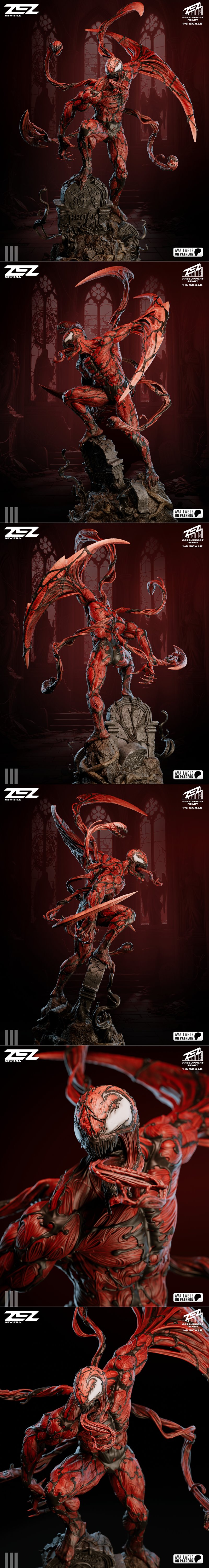 ZEZ Studio 1:6 scale Carnage 3D model, a red and black symbiote with flowing tendrils, in a dynamic pose on a gothic...