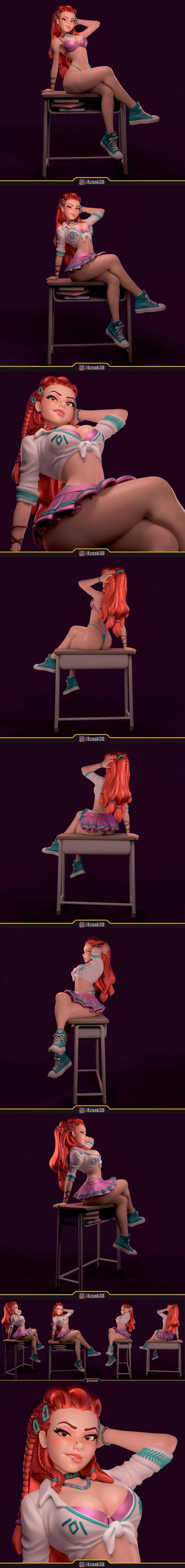 Stylized 3D model of Aloy from Horizon Zero Dawn in a schoolgirl outfit, sitting on a desk, wearing a white tied shir...