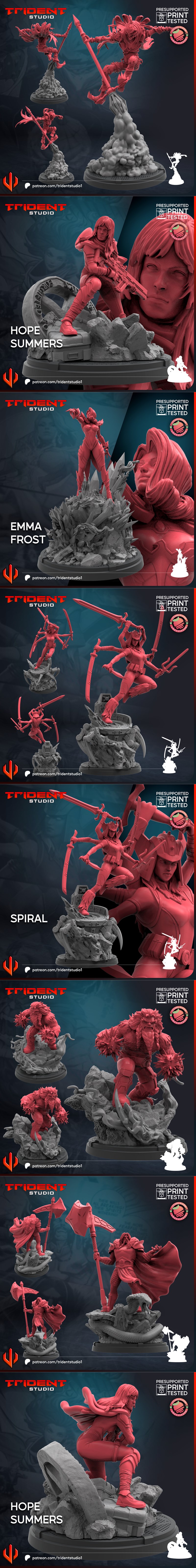 Collection of red 3D printable figures from Trident Studio, featuring fantasy and sci-fi characters like warriors, mo...