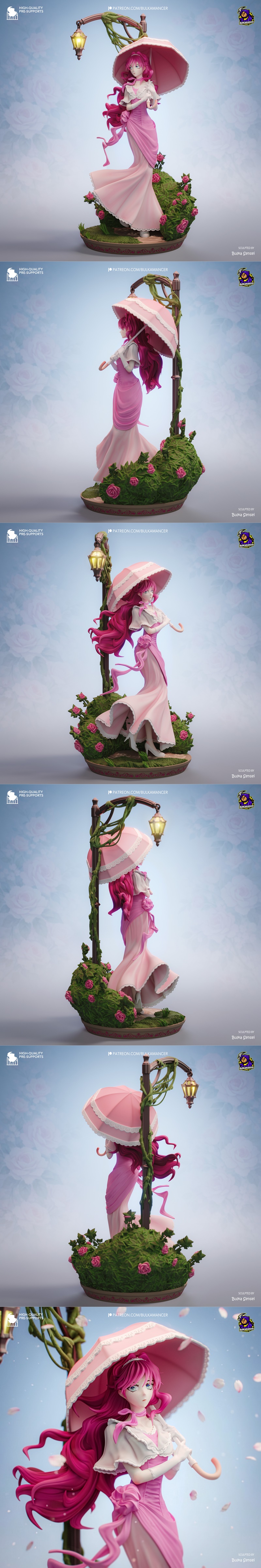 Penelope Eckhart figure in a pink gown holding an umbrella, surrounded by roses and a lamppost, sculpted by Bulkamanc...