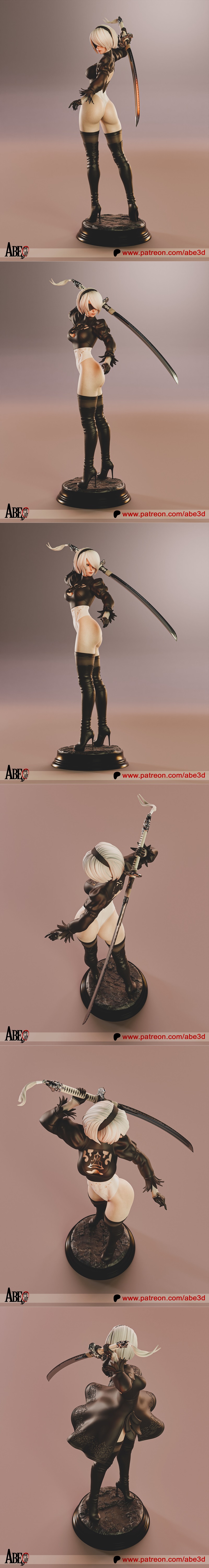 3D model figure of 2B from Nier Automata, wearing a black outfit, thigh-high boots, and a blindfold, holding a sword....
