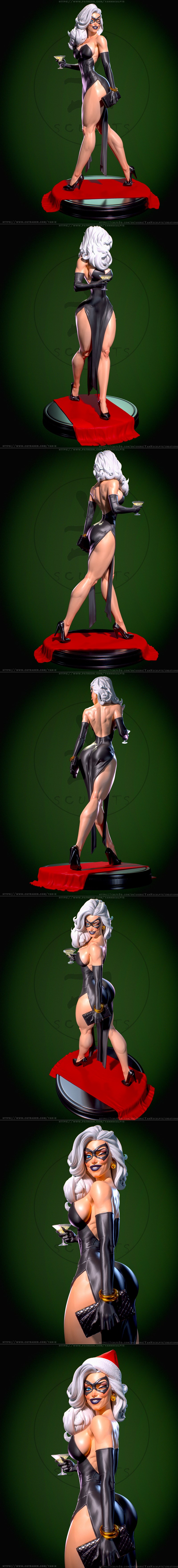 3D model of Marvel's Black Cat in a black evening gown, holding a martini and clutch, wearing a mask and high heels.