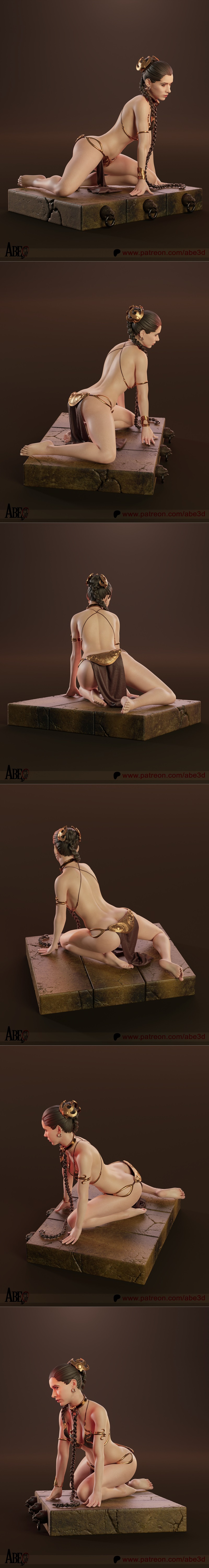 3D model of Princess Leia in Jabba's slave outfit, kneeling on a stone base with chains, by Abe3D.
