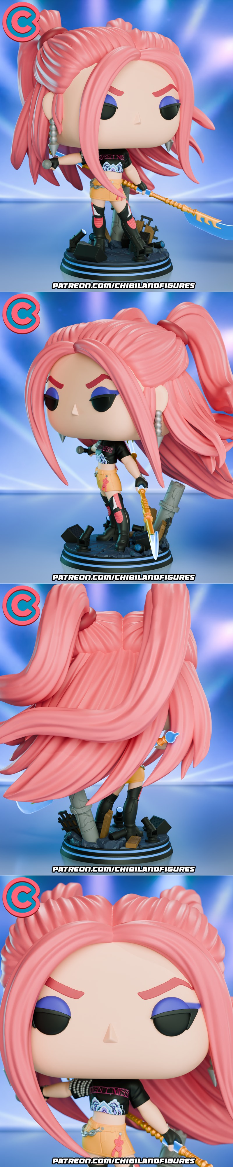 Chibi Seraphine K/DA figure with pink hair, black crop top, yellow skirt, and staff, in a Funko Pop style.