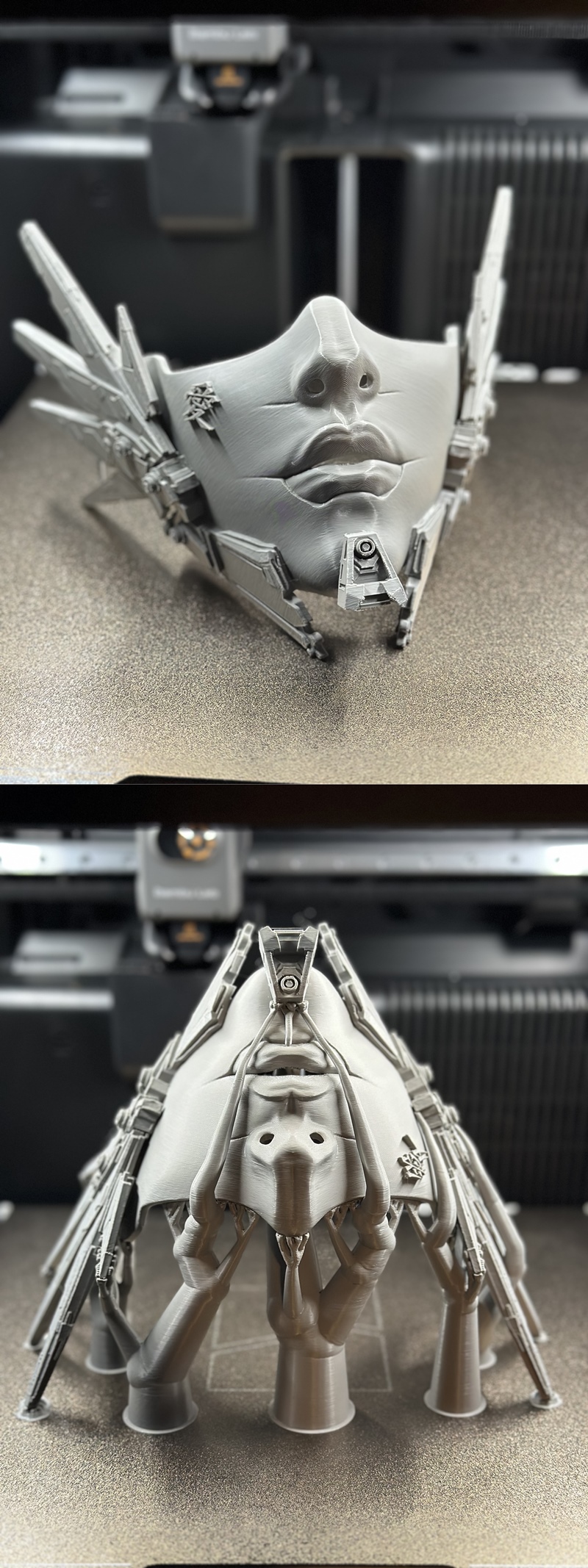 Close-up of a 3D printable Cyber Angel V2 mask with mechanical wings and intricate facial details.
