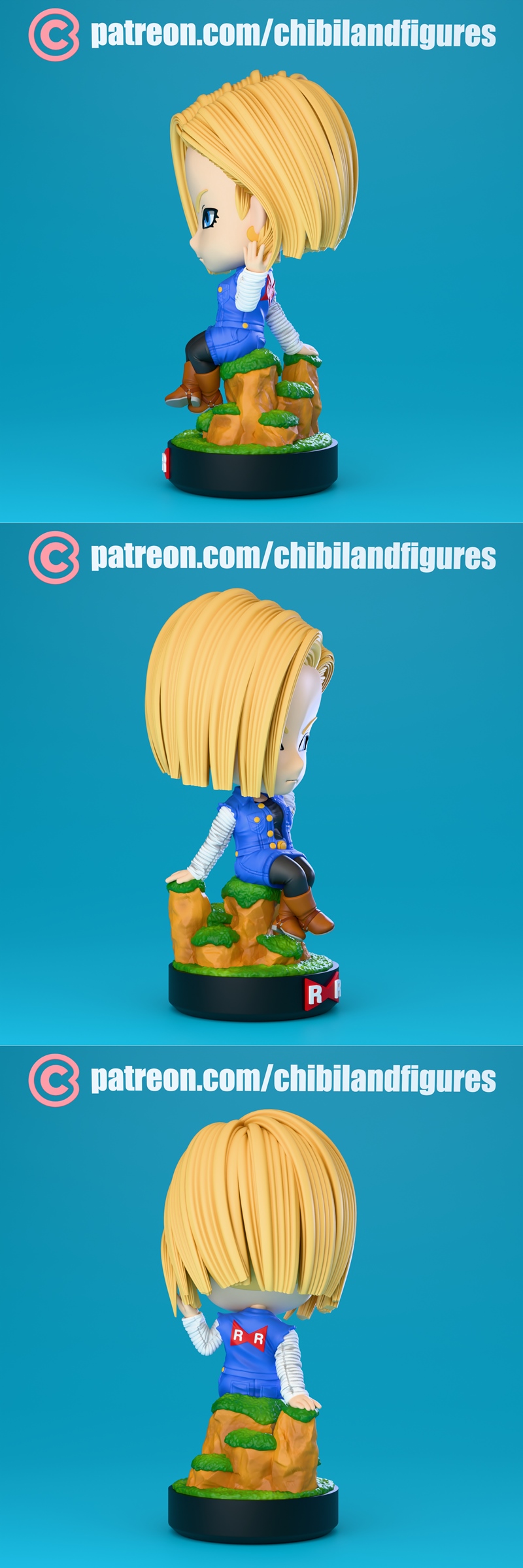 Chibi style 3D model of Android 18 from Dragon Ball, sitting on a mossy rock formation, wearing her blue vest and bla...