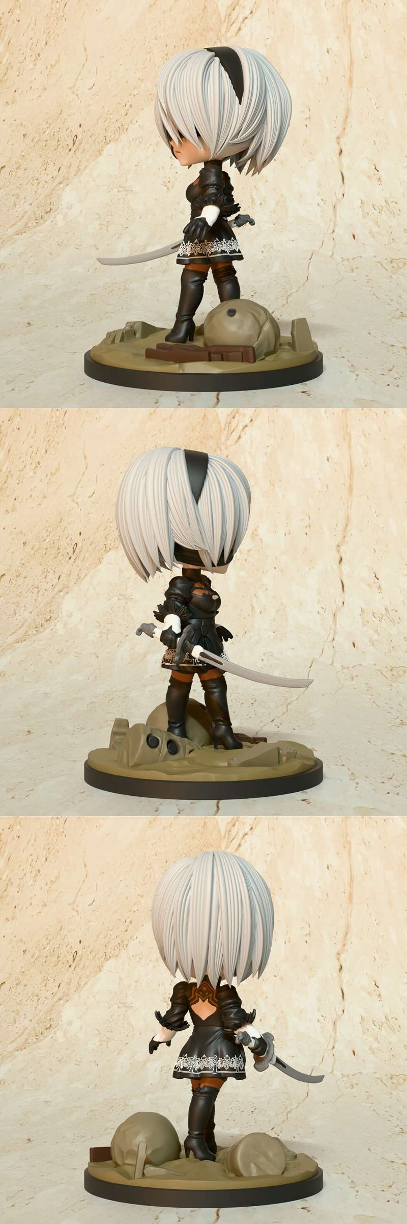 Chibi 2B from Nier Automata, wearing a black dress and blindfold, holding a sword, standing on a rocky base. Model by...